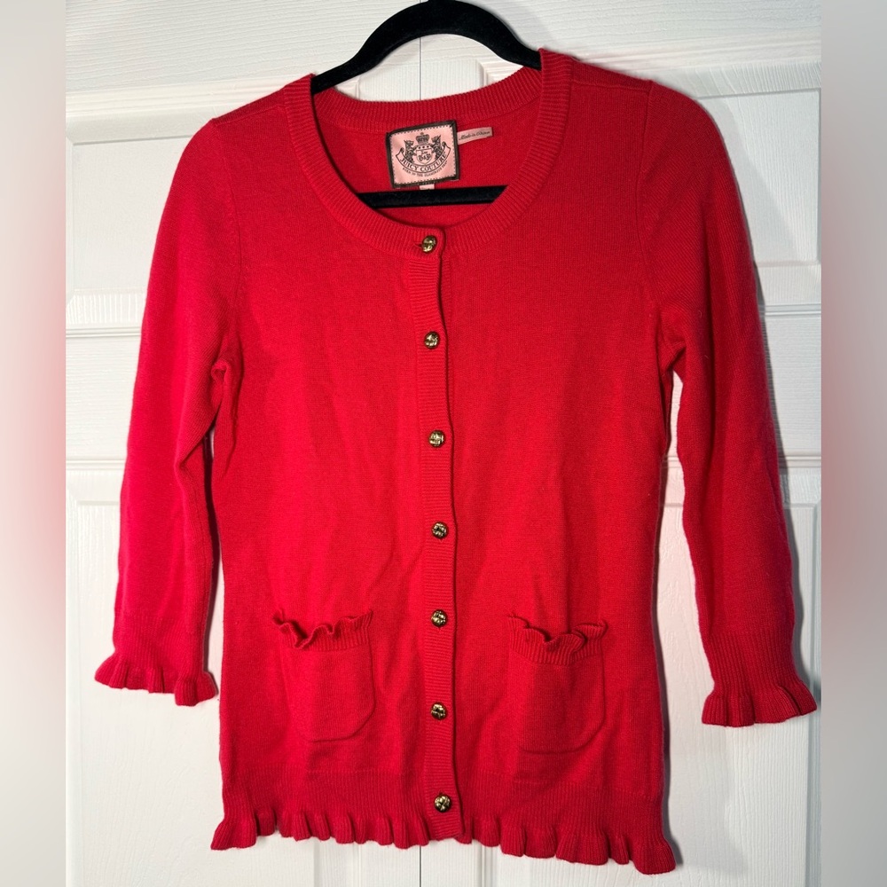 Y2K JUICY COUTURE Pink Knit Ruffle Button Cardigan SweaterCashmere & Wool Blend